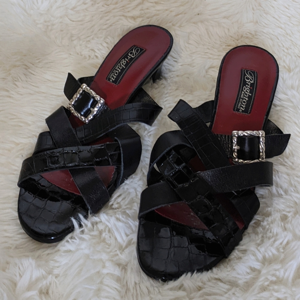 Brighton Leather Buckle Sandals heels, Italy, size 9, black, silver, 2.5"